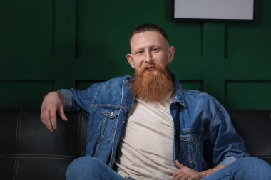 Karanlık odadaki kanepede oturan yakışıklı sakallı adamın portresi.