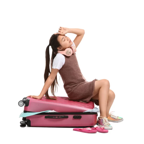 Cute Little Girl Suitcase White Background — Stock Photo, Image