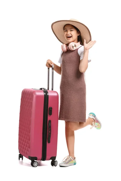 Schattig Klein Meisje Met Koffer Koptelefoon Witte Achtergrond — Stockfoto