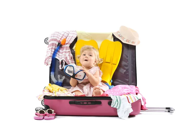 Cute Baby Girl Suitcase Belongings White Background — Stock Photo, Image