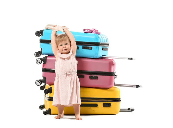 Cute Baby Girl Suitcases White Background — Stock Photo, Image