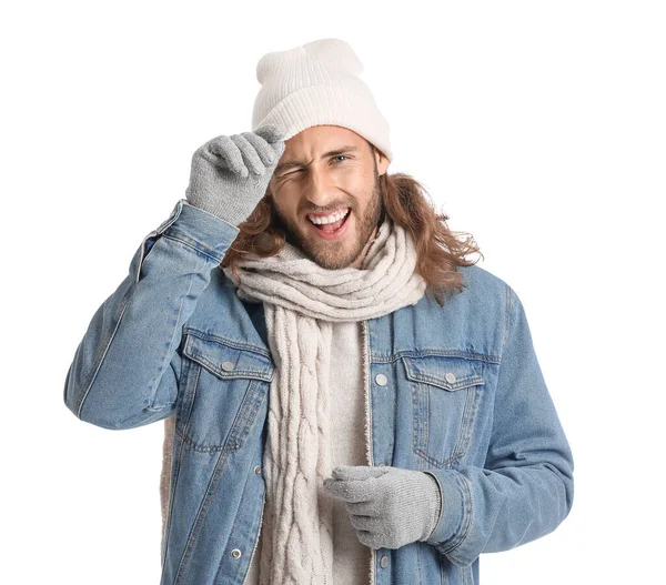 Schöner Stylischer Kerl Winterkleidung Auf Weißem Hintergrund — Stockfoto