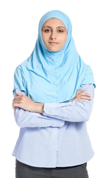 Portrait Muslim Secretary White Background — Stock Photo, Image
