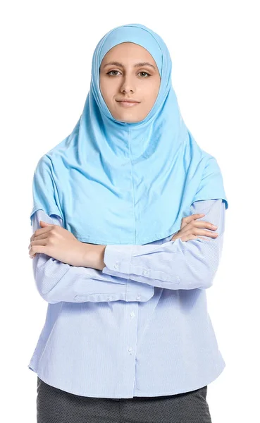 Portrait Muslim Secretary White Background — Stok Foto