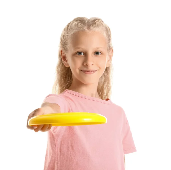 Amuzant Fetiță Joc Frisbee Fundal Alb — Fotografie, imagine de stoc