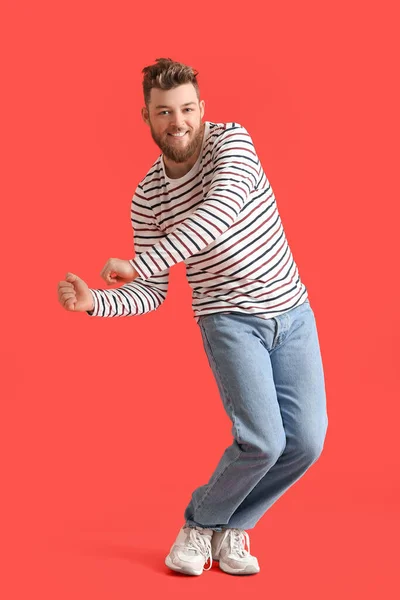 Cool Dancing Young Man Color Background — Stock Photo, Image