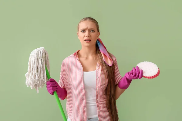 Displeased Young Woman Sponge Floor Mop Color Background — Stock Photo, Image