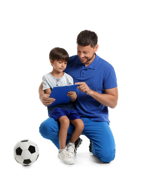 Male Trainer Little Boy Soccer Ball White Background — Stock Photo, Image