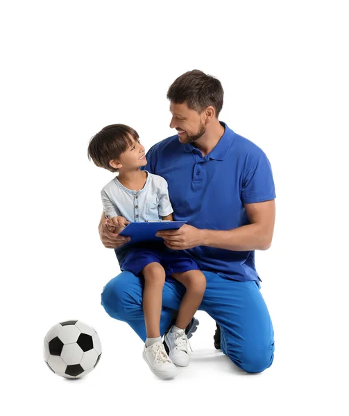 Male Trainer Little Boy Soccer Ball White Background — Stock Photo, Image