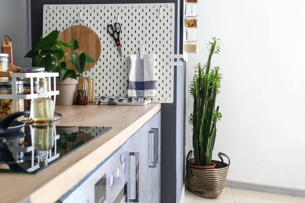 Pegboard Utensils Counter Dark Wall Stylish Kitchen — Stock Photo, Image