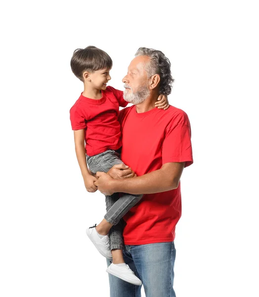 Menino Seu Avô Camisetas Vermelhas Fundo Branco — Fotografia de Stock