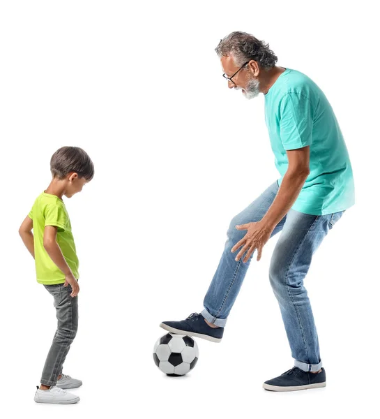 Little Boy His Grandfather Playing Soccer White Background — Stock Photo, Image