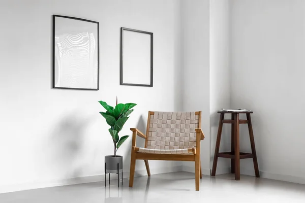 Moderne Fauteuil Houseplant Blanco Fotolijsten Muur Lichte Ruimte Interieur — Stockfoto