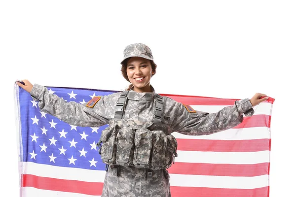 Afroamerikansk Kvinnlig Soldat Med Usa Flagga Vit Bakgrund — Stockfoto