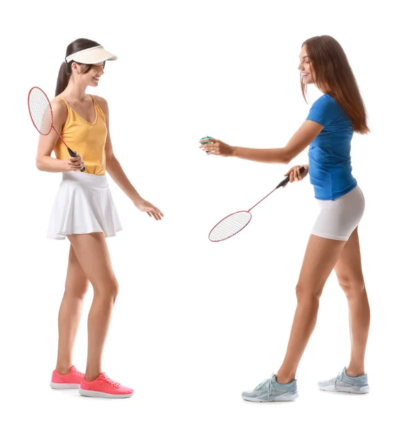 Giocatori Badminton Femminili Sportivi Sfondo Bianco — Foto Stock