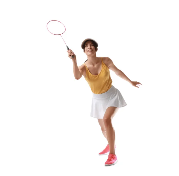 Desportivo Feminino Badminton Player Fundo Branco — Fotografia de Stock