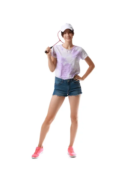 Sporty Female Badminton Player White Background — Stock Photo, Image