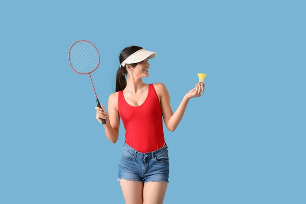 Jogadora Badminton Feminino Esportivo Fundo Cor — Fotografia de Stock