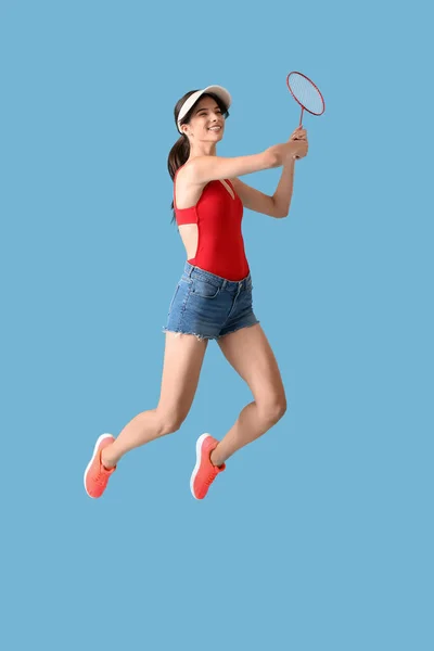 Joueuse Badminton Féminine Sportive Sur Fond Couleur — Photo