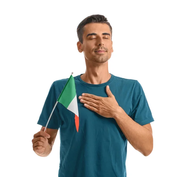 Joven Con Bandera Italiana Sobre Fondo Blanco —  Fotos de Stock