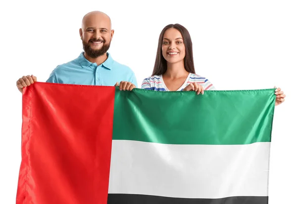 Pareja Con Bandera Nacional Emiratos Árabes Unidos Sobre Fondo Blanco —  Fotos de Stock