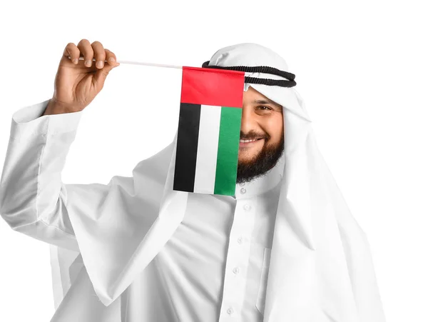 Man Traditionella Kläder Och Med Den Nationella Flaggan Förenade Arabemiraten — Stockfoto