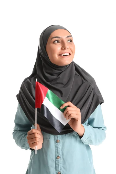 Junge Muslimin Mit Vae Flagge Auf Weißem Hintergrund — Stockfoto