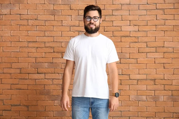 Handsome Man White Shirt Brick Background — Stock Photo, Image