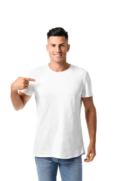 Bonito Jovem Elegante Shirt Isolado Branco — Fotografia de Stock