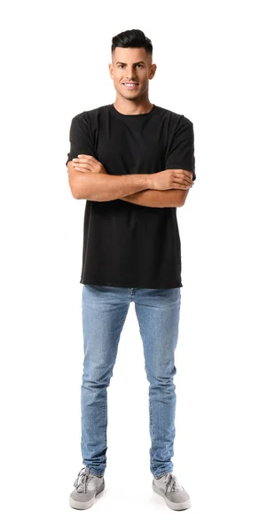 Schöner Junger Mann Stylischen Shirt Auf Weißem Grund — Stockfoto