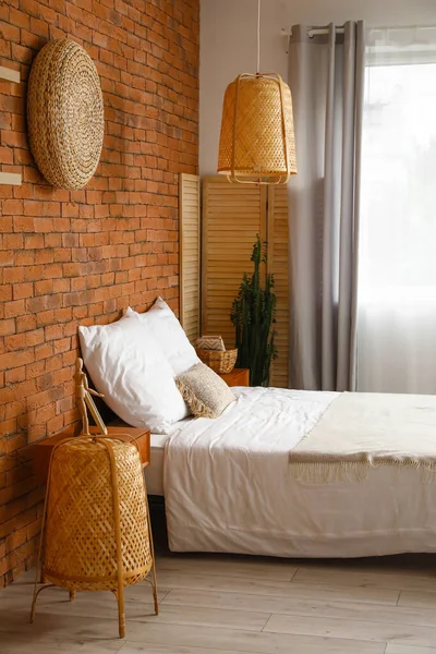 Interior Stylish Bedroom Wicker Lamps Brick Wall — Zdjęcie stockowe