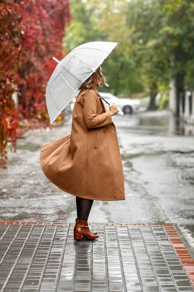 Young Woman Umbrella Spinning Autumn City Street — Stockfoto