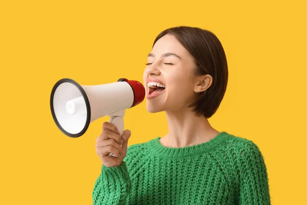 Young Woman Megaphone Color Background — Stock Photo, Image