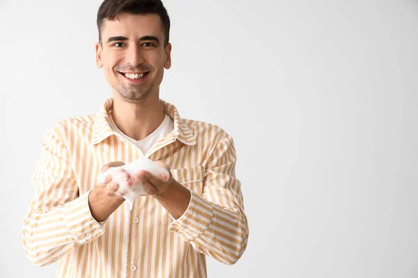 Handsome Young Man Soap Foam Light Background — Stock Photo, Image