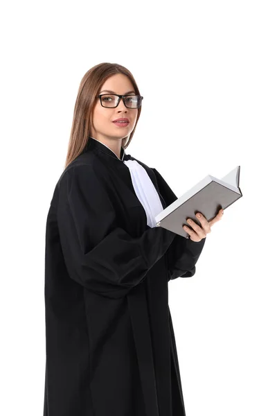 Beyaz Arka Plan Kitabı Olan Genç Bir Kadın Yargıç — Stok fotoğraf