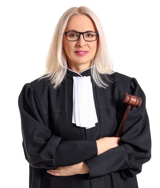 Mature Female Judge Robe Gavel White Background — Stock Photo, Image