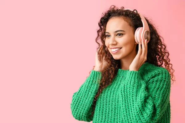 Young African American Woman Headphones Listening Music Pink Background — Stock Photo, Image