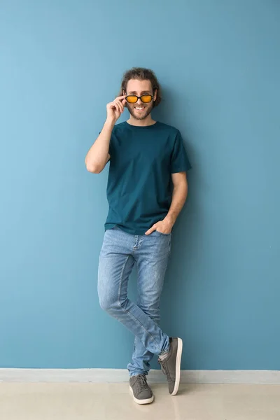 Handsome Young Man Stylish Shirt Blue Background — Stock Photo, Image