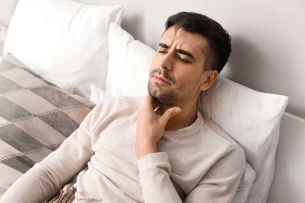 Ill Young Man Sore Throat Home — Stock Photo, Image