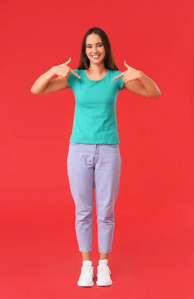 Pretty Young Woman Stylish Shirt Red Background — Stock Photo, Image