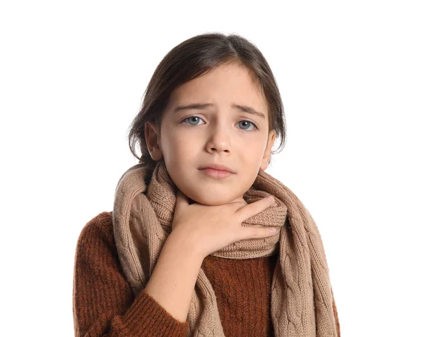 Little Girl Scarf Suffering Sore Throat White Background — Stock Photo, Image