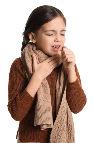 Little Girl Scarf Suffering Sore Throat White Background — Stock Photo, Image