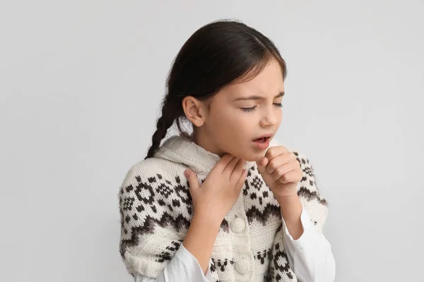 Little Girl Suffering Sore Throat Light Background — Stock Photo, Image