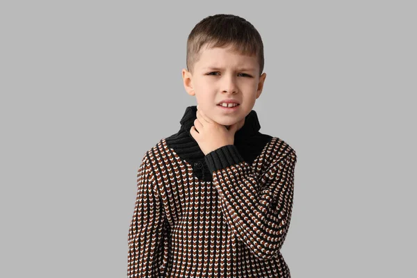 Ill Little Boy Sore Throat Grey Background — Stock Photo, Image