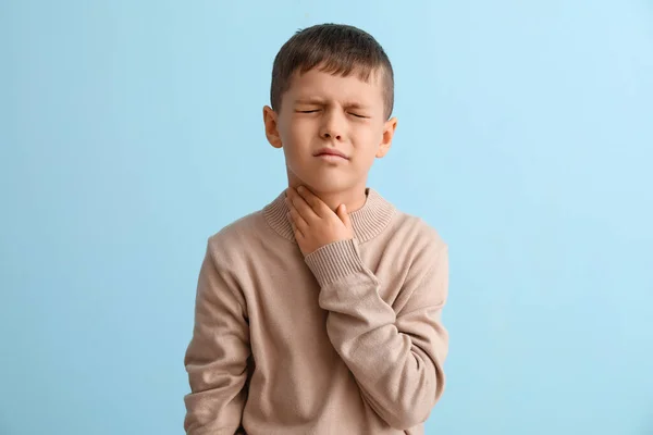 Ill Little Boy Sore Throat Color Background — Stock Photo, Image