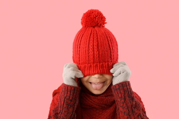 Funny Little African American Boy Winter Clothes Color Background — Stock Photo, Image