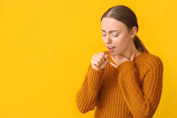 Ill Coughing Young Woman Sore Throat Yellow Background — Stock Photo, Image
