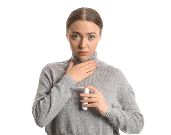 Ill Young Woman Inhaler Isolated White — Stock Photo, Image