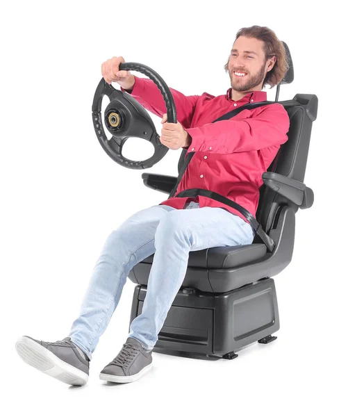 Man Car Seat Steering Wheel Isolated White — Stock Photo, Image