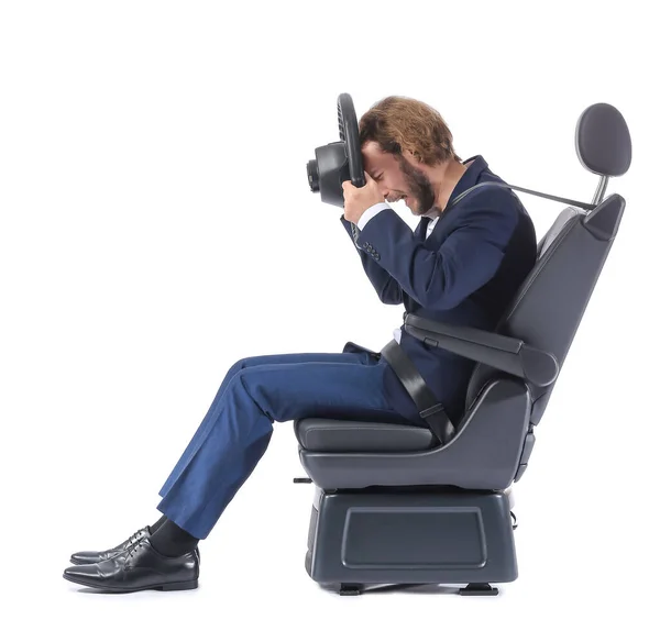 Stressed Businessman Car Seat Steering Wheel Isolated White — Stock Photo, Image